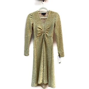 Donna Morgan Gold Sequin Metallic Knit Ruched Dress NWT